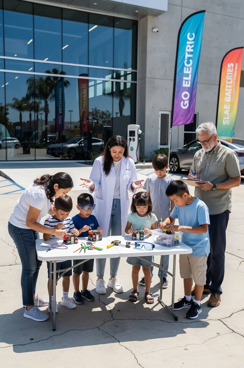 Diagnostic tools connected to an electric vehicle battery in a professional hybrid vehicle maintenance facility.
