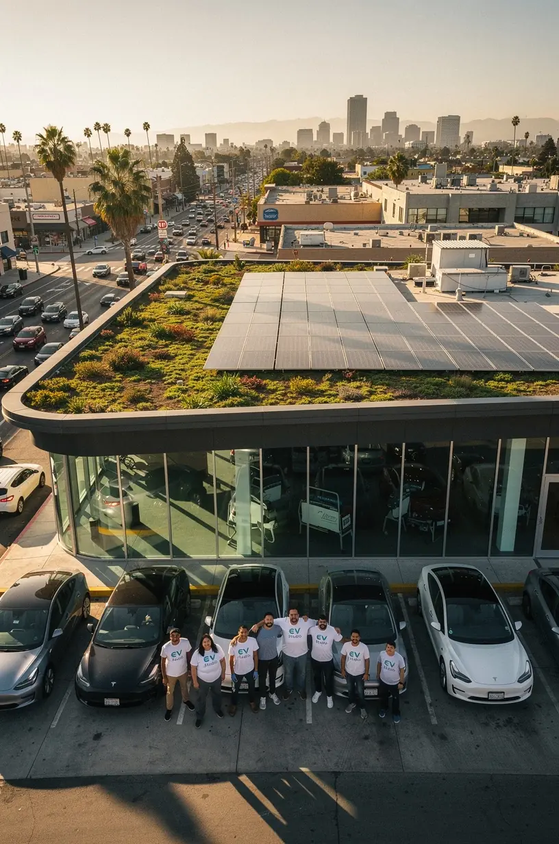 Interior view of a Los Angeles electric vehicle repair shop specializing in battery diagnostics and system repairs.
