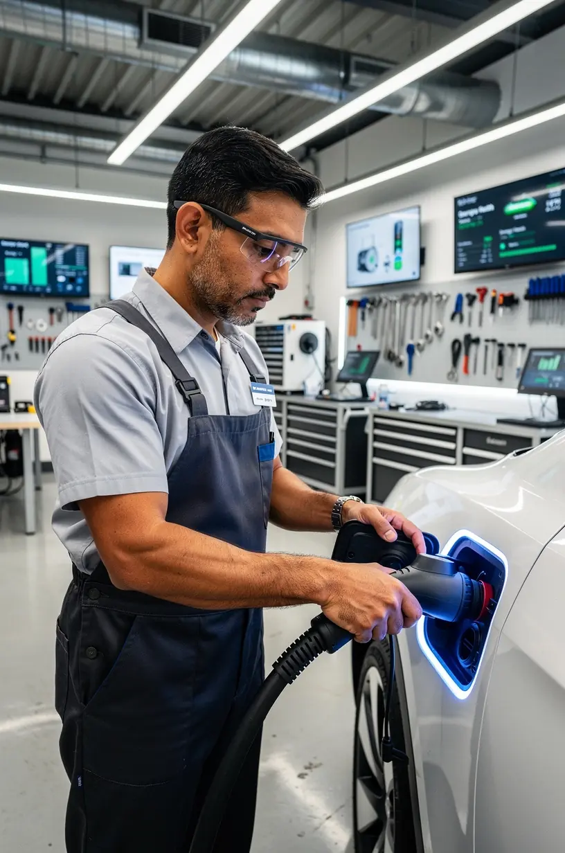 Electric vehicle battery pack being carefully removed by an expert technician in a clean hybrid service environment.