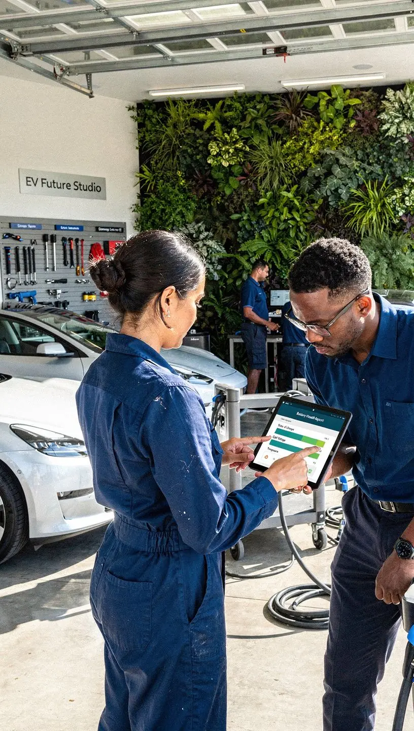 Close-up of advanced electric vehicle system components being inspected by a certified technician.