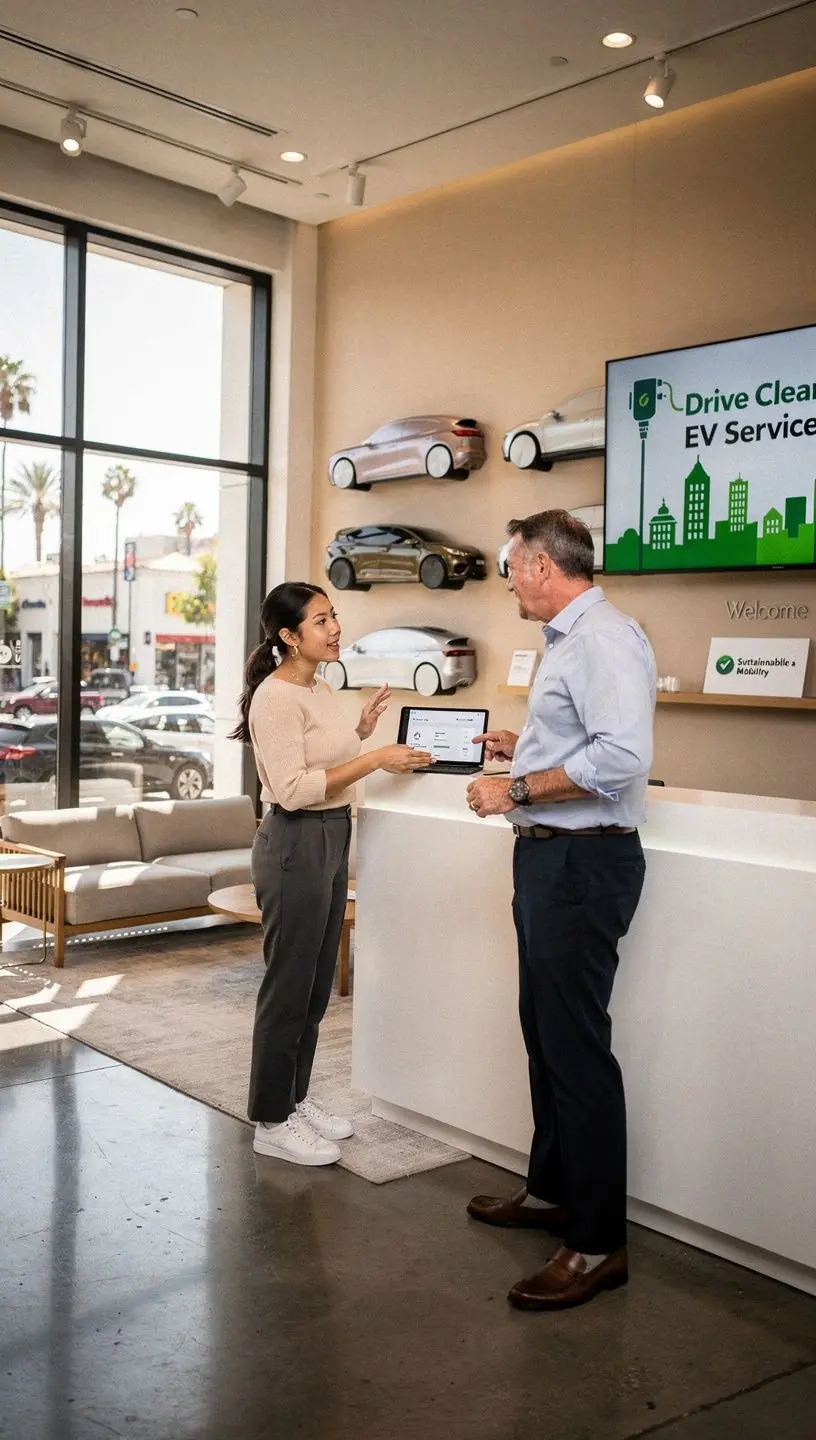 Electric car charging station at a Los Angeles hybrid service center with clear signage and modern equipment.