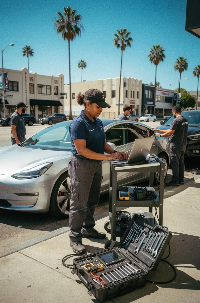 Mechanic explaining battery health report to a customer inside a transparent and educational EV service studio.